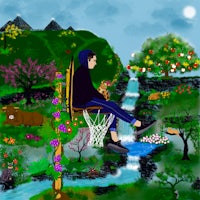 a man sitting on a basketball hoop in a forest